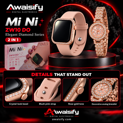 MiNi ZW10 DO 2-in-1 Women's Smartwatch & Luxury Analog Diamond Style Watch Combo Set – Rose Gold