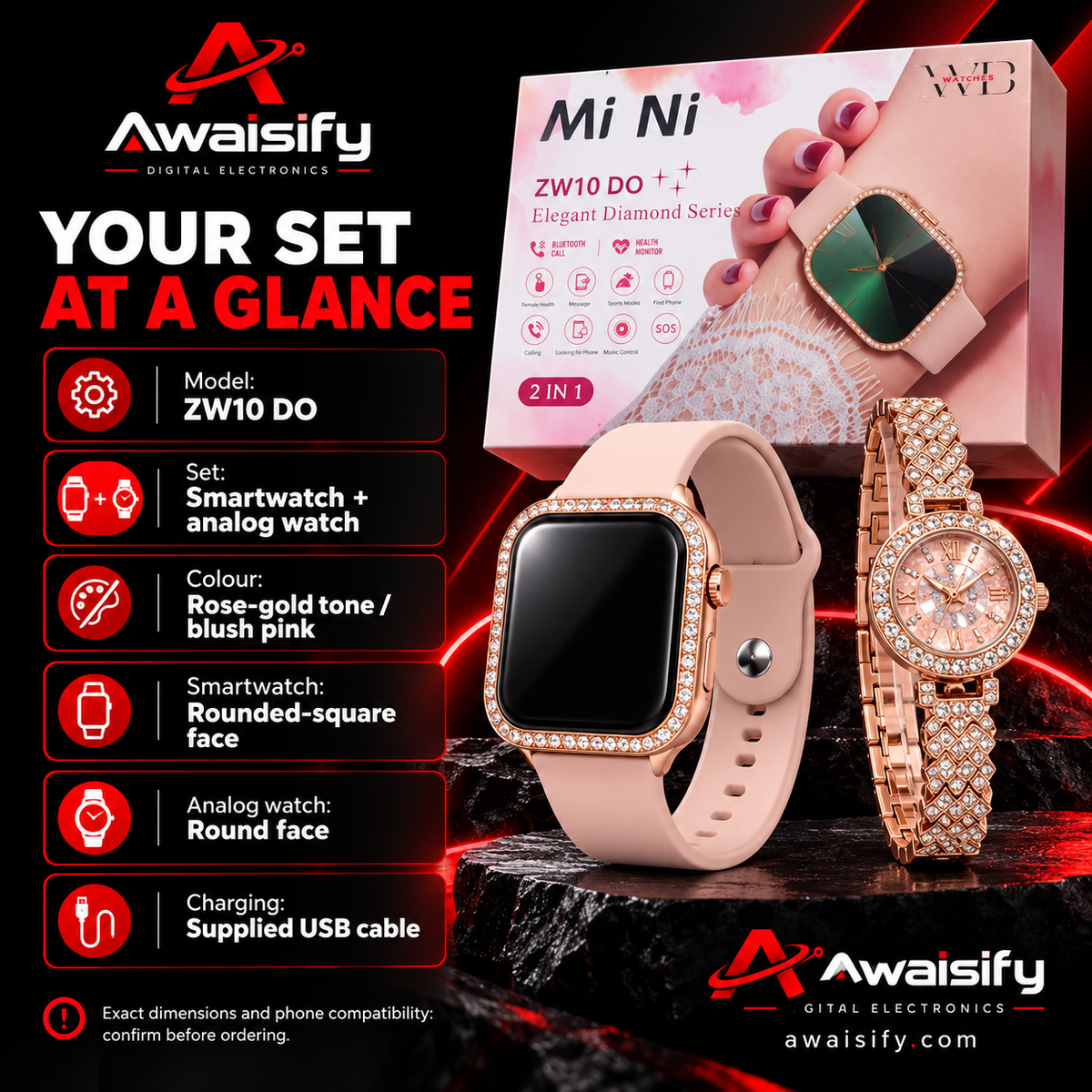 MiNi ZW10 DO 2-in-1 Women's Smartwatch & Luxury Analog Diamond Style Watch Combo Set – Rose Gold