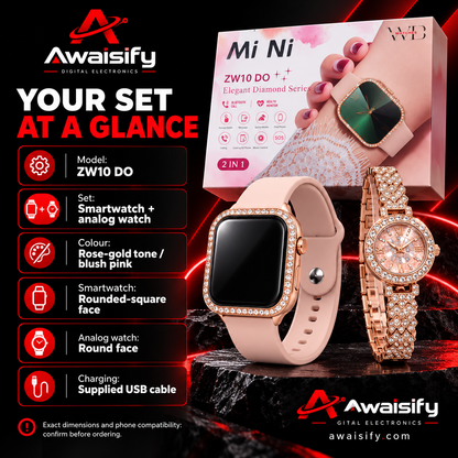 MiNi ZW10 DO 2-in-1 Women's Smartwatch & Luxury Analog Diamond Style Watch Combo Set – Rose Gold