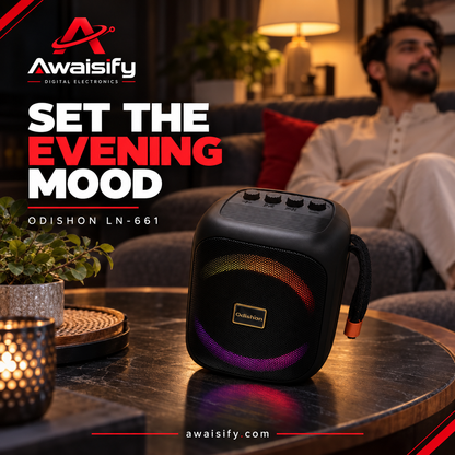 Odishon LN-661 Speaker with Coloured Lights & Carry Strap – Black