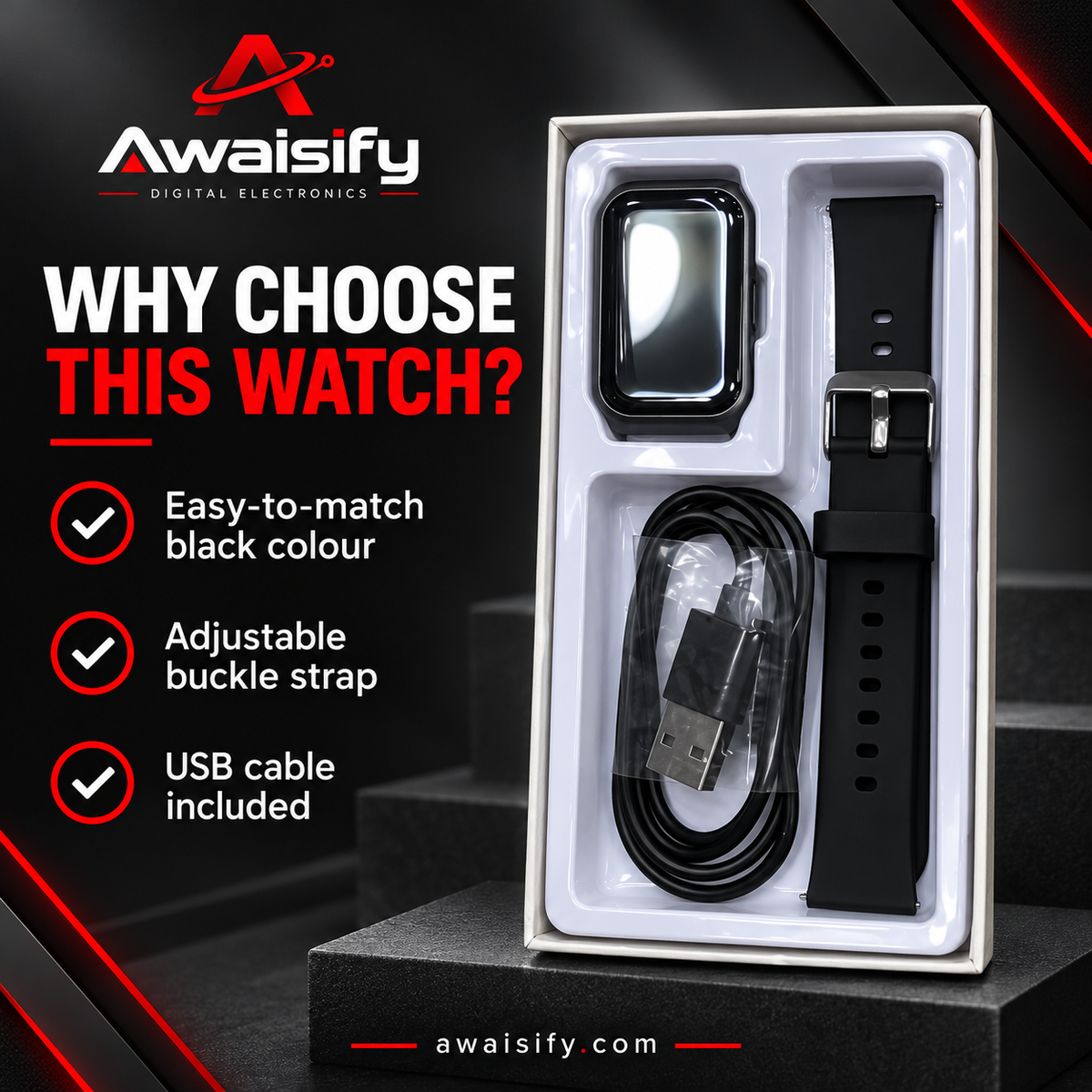 LAXASFIT Black Smartwatch with Buckle Strap & USB Charging Cable