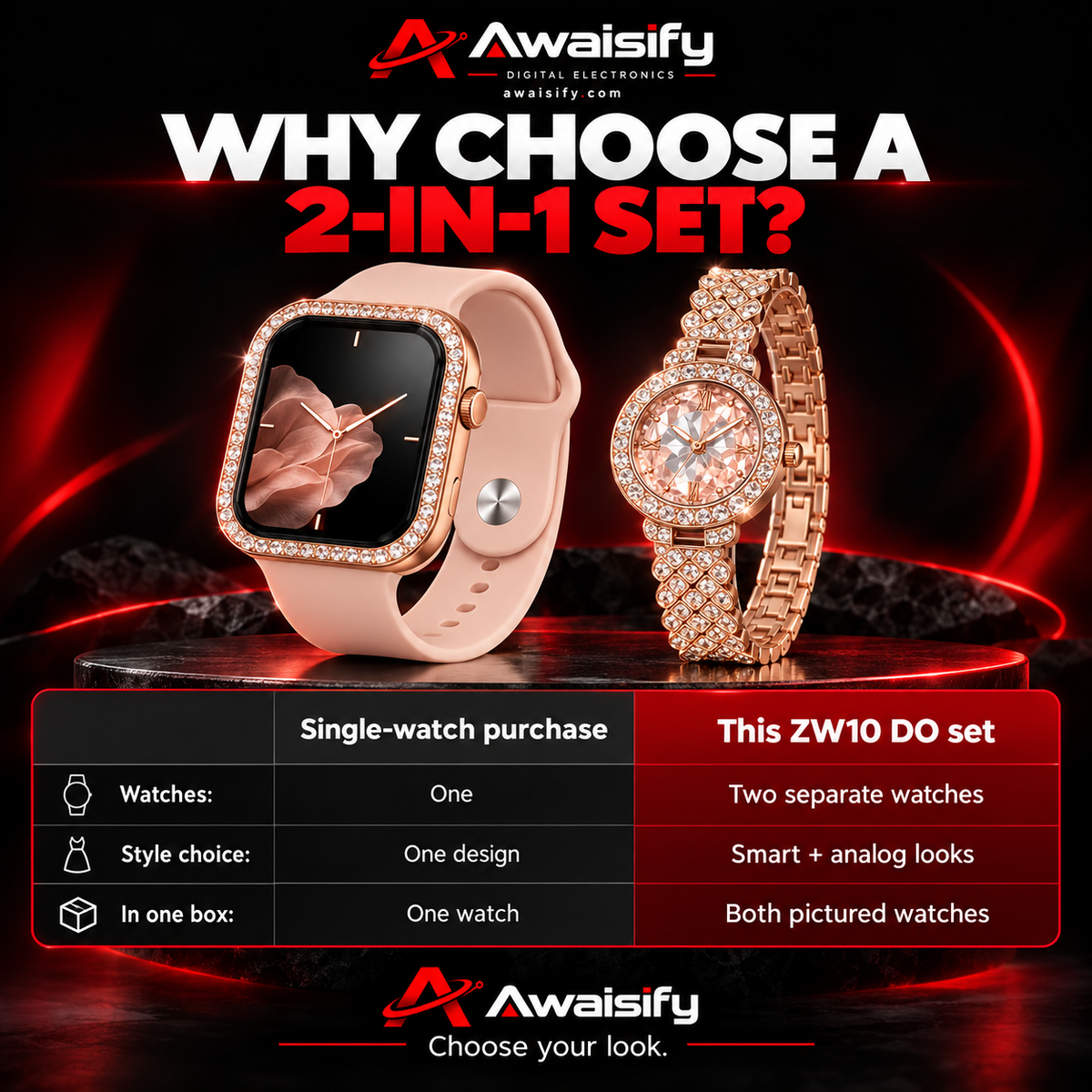 MiNi ZW10 DO 2-in-1 Women's Smartwatch & Luxury Analog Diamond Style Watch Combo Set – Rose Gold