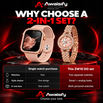 MiNi ZW10 DO 2-in-1 Women's Smartwatch & Luxury Analog Diamond Style Watch Combo Set – Rose Gold