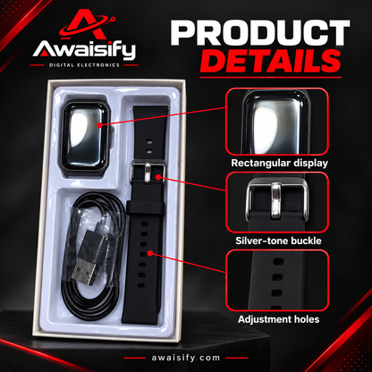LAXASFIT Black Smartwatch with Buckle Strap & USB Charging Cable