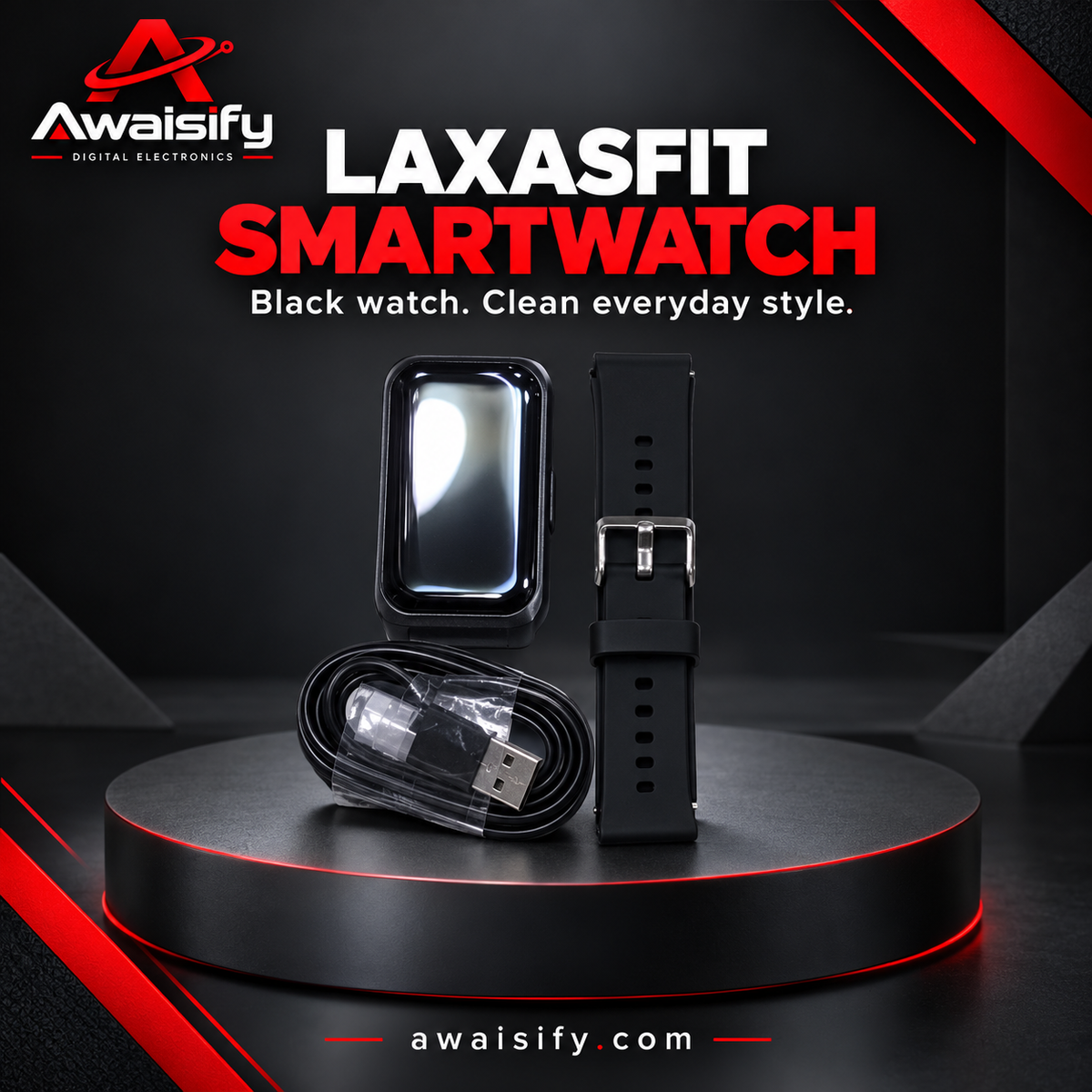 LAXASFIT Black Smartwatch with Buckle Strap & USB Charging Cable