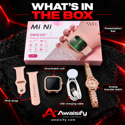 MiNi ZW10 DO 2-in-1 Women's Smartwatch & Luxury Analog Diamond Style Watch Combo Set – Rose Gold