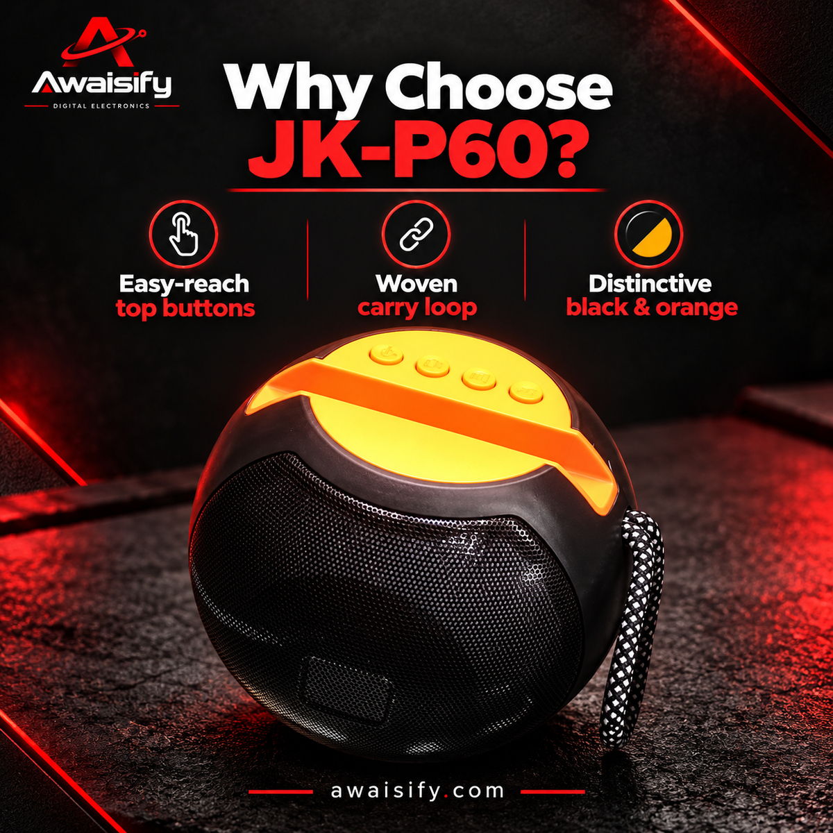 JK-P60 Portable Speaker with Phone Stand – Black & Orange