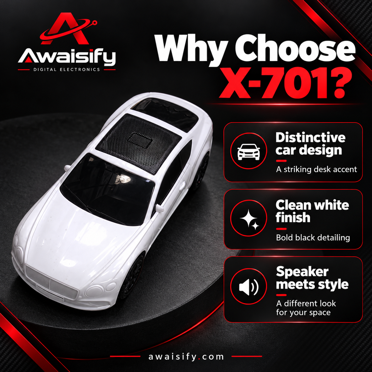 X-701 Car-Shaped Wireless Speaker – White with Black Detailing