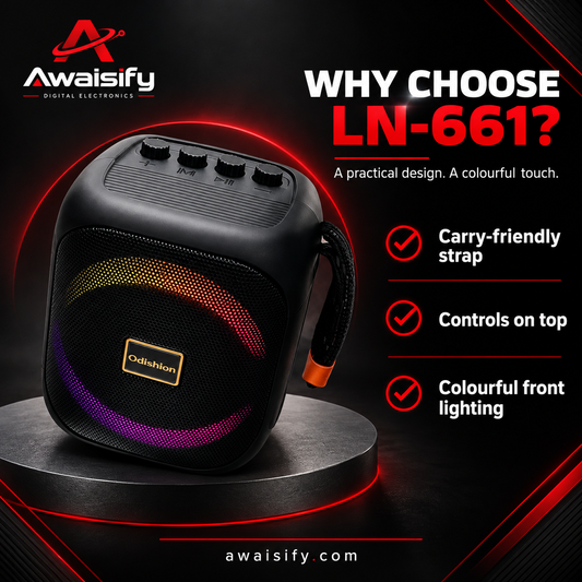 Odishon LN-661 Speaker with Coloured Lights & Carry Strap – Black